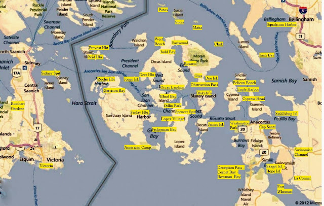 San Juan island's area map with labels locating tourist sites
