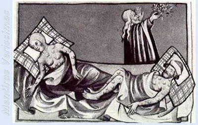 Gravura retratando a Peste Negra medieval com um religioso dando suas bençãos. Extraida da Bíblia de Toggenburg (1411)