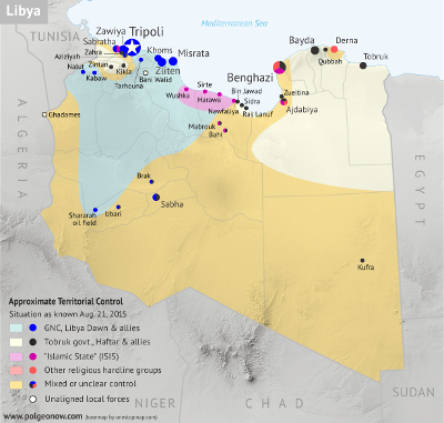 Map of control in Libya as of August 2015, including the so-called Islamic State (ISIS)