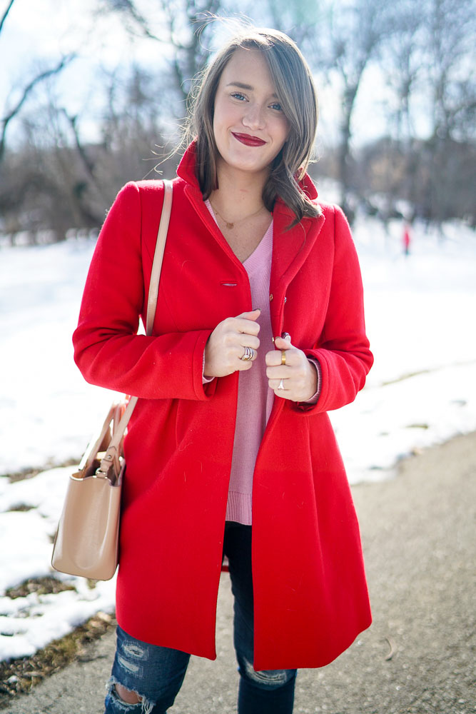 Krista Robertson, Covering the Bases,Travel Blog, NYC Blog, Preppy Blog, Style, Fashion Blog, Travel, Fashion, Style, Valentine’s Day, Valentine’s Day Outfits, Red and Pink, Casual Looks, What to Wear for Valentine’s Day, Bright Colored Coats, Sweater Weather, Nude Heels