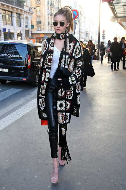 Gigi Hadid in long crochet cardigan by Rosetta Getty - Cool Chic Style Fashion
