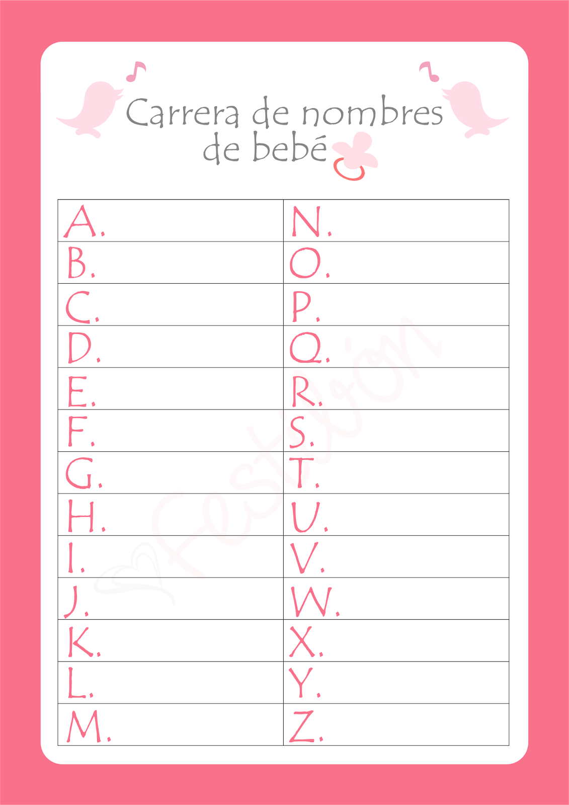 Carrera De Nombres De Bebé │ Juegos Para Baby Shower Para Imprimir