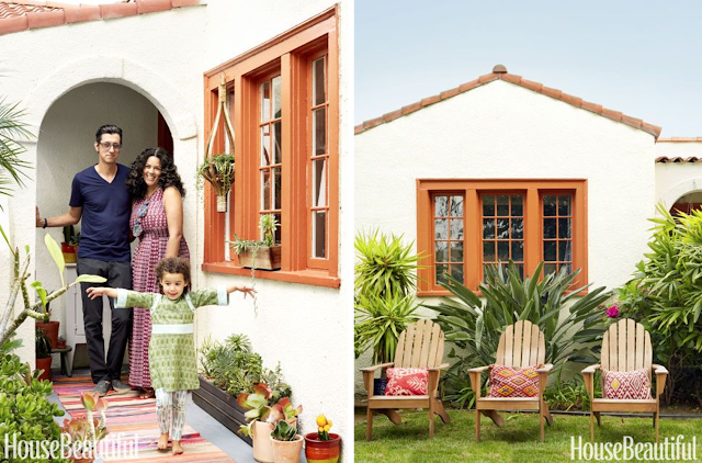 Boho home decor's maximalist maven share renovation - Jungalow exterior BoHoHome.com @bohosusan; Justina Blakeney interview in House Beautiful. Photos by David Tsay