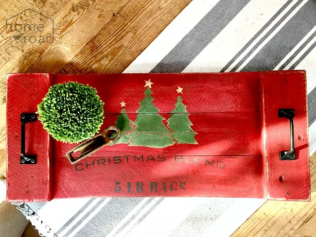 Red rustic Christmas tray made from pallet wood and stenciled www.homeroad.net