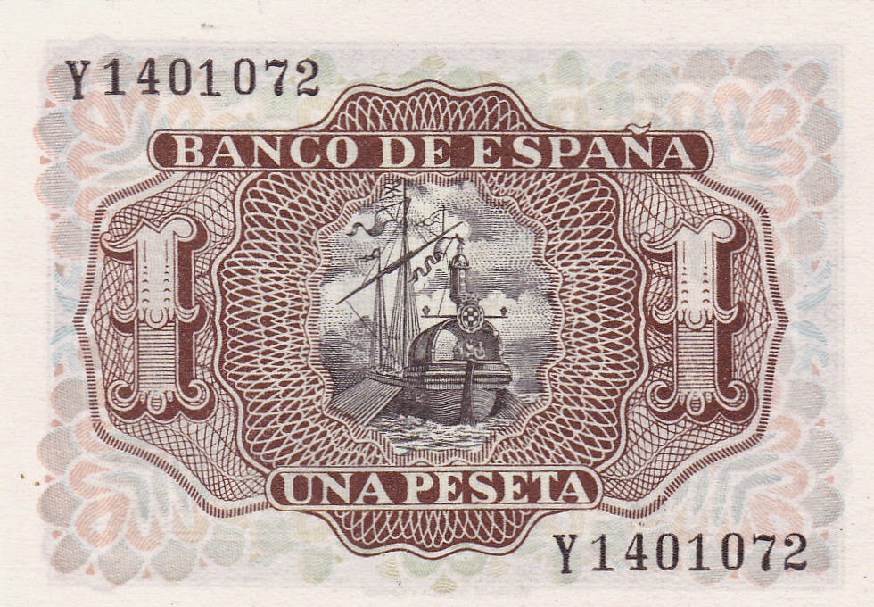 Spain money currency 1 Peseta banknote 1953 Spanish Galleon