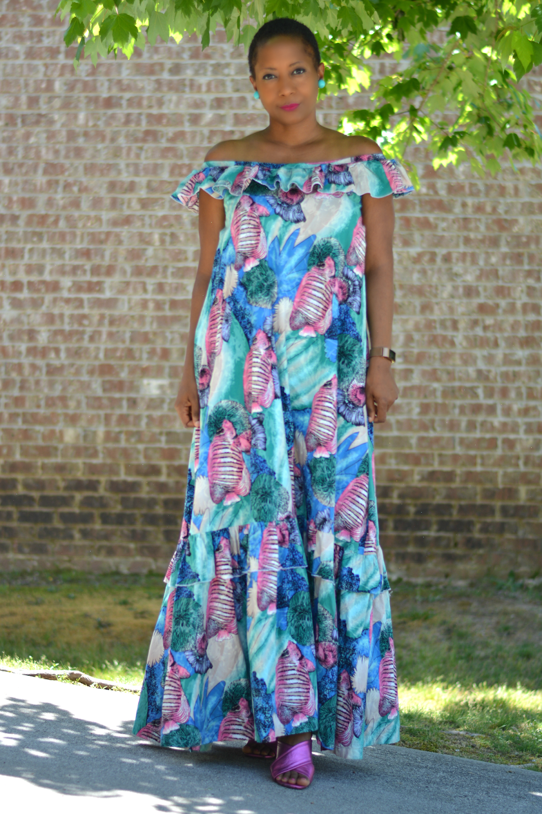 Refashion and downsizing of a vintage thrift store muumuu to a chic summer off the shoulder maxi dress.