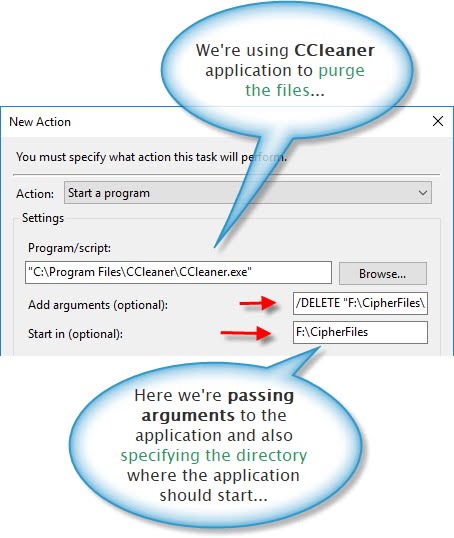 Action configuration for the advanced task