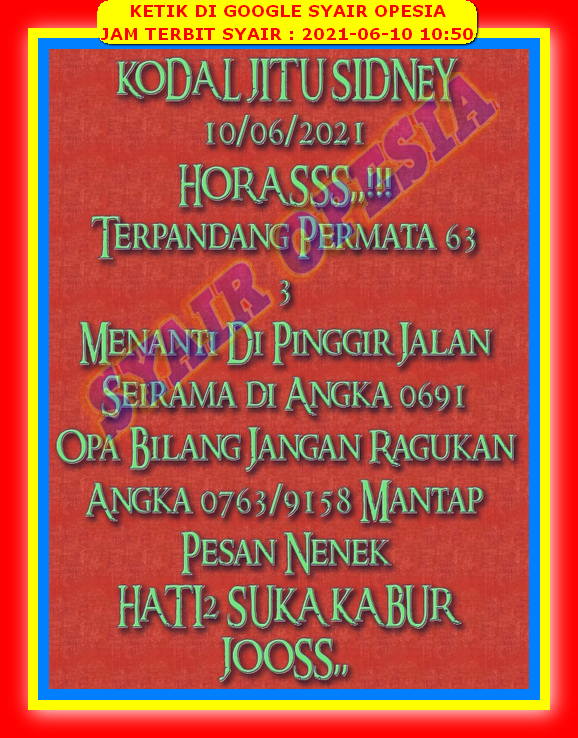 Syair Sydney Opesia 10 Juni 2021