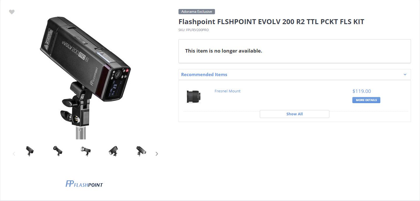 Flashpoint eVOLV 200 Pro на странице магазина Adorama