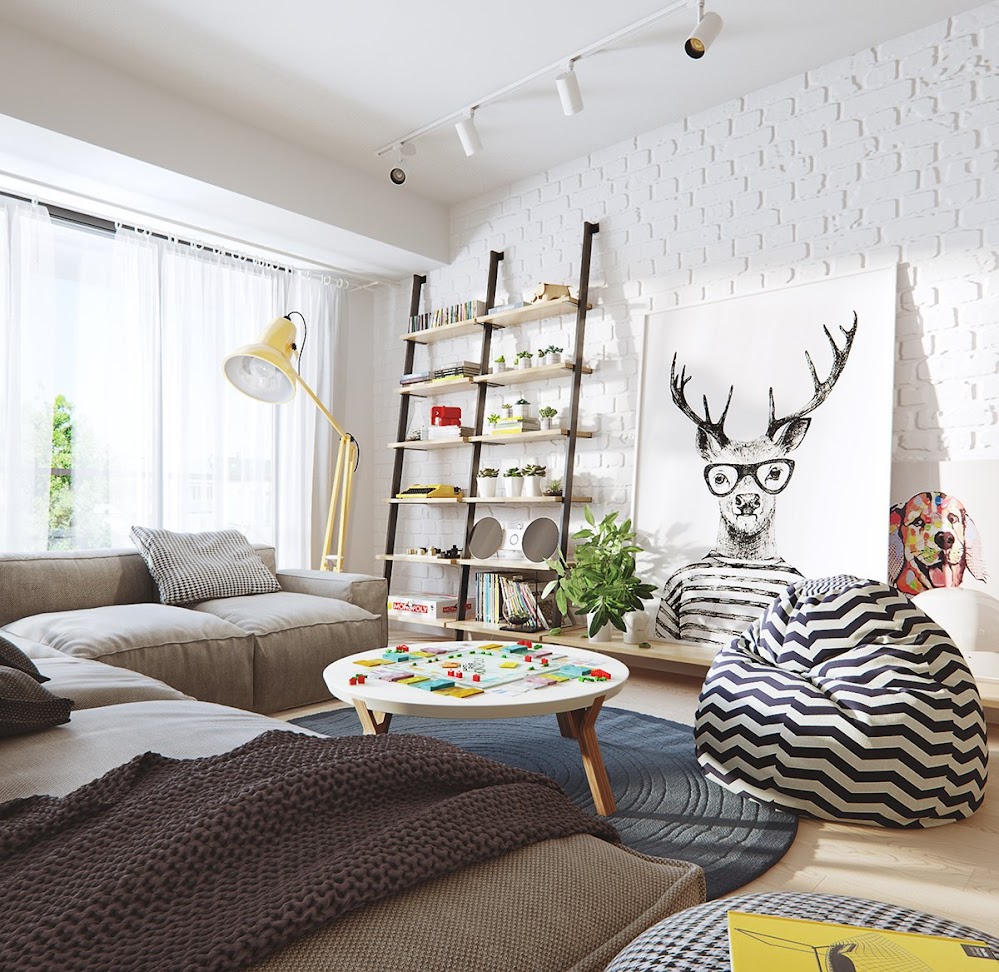 exposed-brick-chevron-leaning-bookshelves