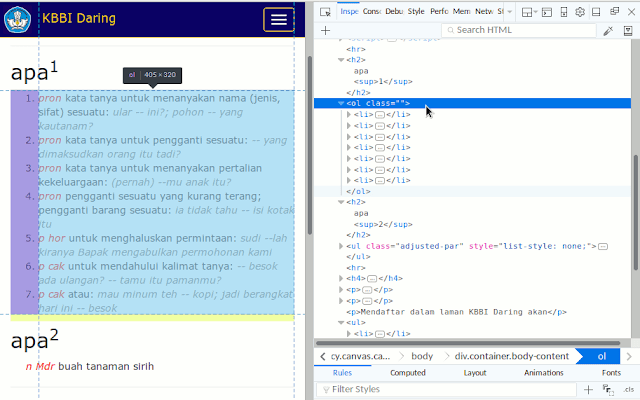 Melakukan inspect element pada laman kbbi.kemdikbud.go.id Gambar jendela Firefox ketika melakukan inspect element pada tulisan di laman kbbi.kemdikbud.go.id