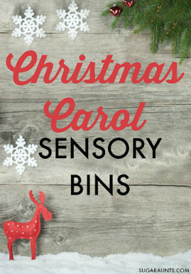 Christmas Carol sensory bin ideas for play and learning along to popular Christmas carols.  Perfect for kids and family sensory play or even Advent activities.