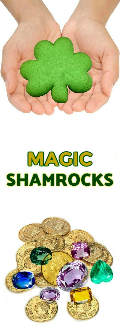 FUN KID PROJECT:  Make magic shamrocks with treasures hidden inside.  Getting the treasure out is all the fun!  #magicshamrocks #stpatricksdaycrafts #kidscrafts #playrecipes 