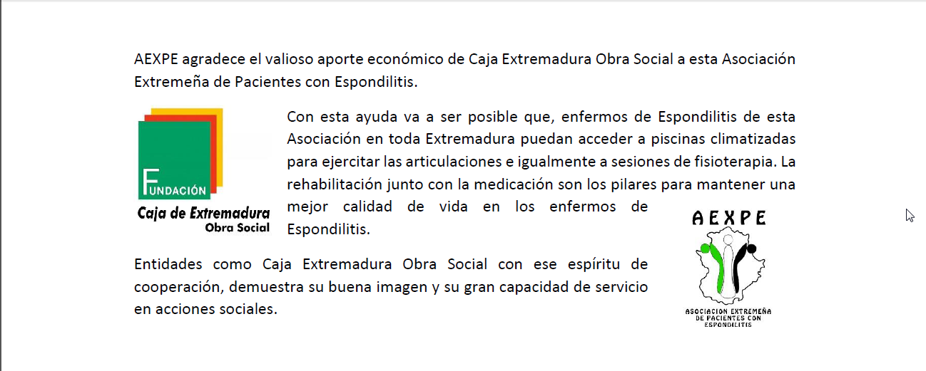 AEXPE agradece el valioso aporte económico de Caja Extremadura Obra Social a esta Asociación