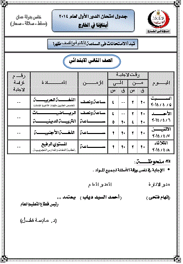 جداول امتحانات الصف الأول الابتدائى إلى الصف الثانى الثانوى الترم الثانى 2014 لدولة عمان 2p