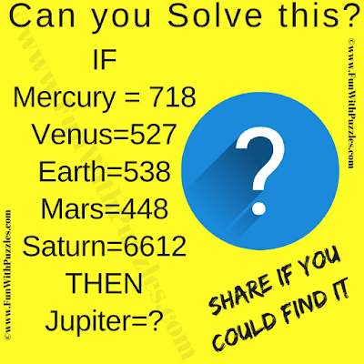 IF Mercury=718, Venus=527, Earth=538, Mars=448, Saturn=6612 THEN Jupiter=?. Can you solve this Challenging Reasoning and Mental Ability Quiz?