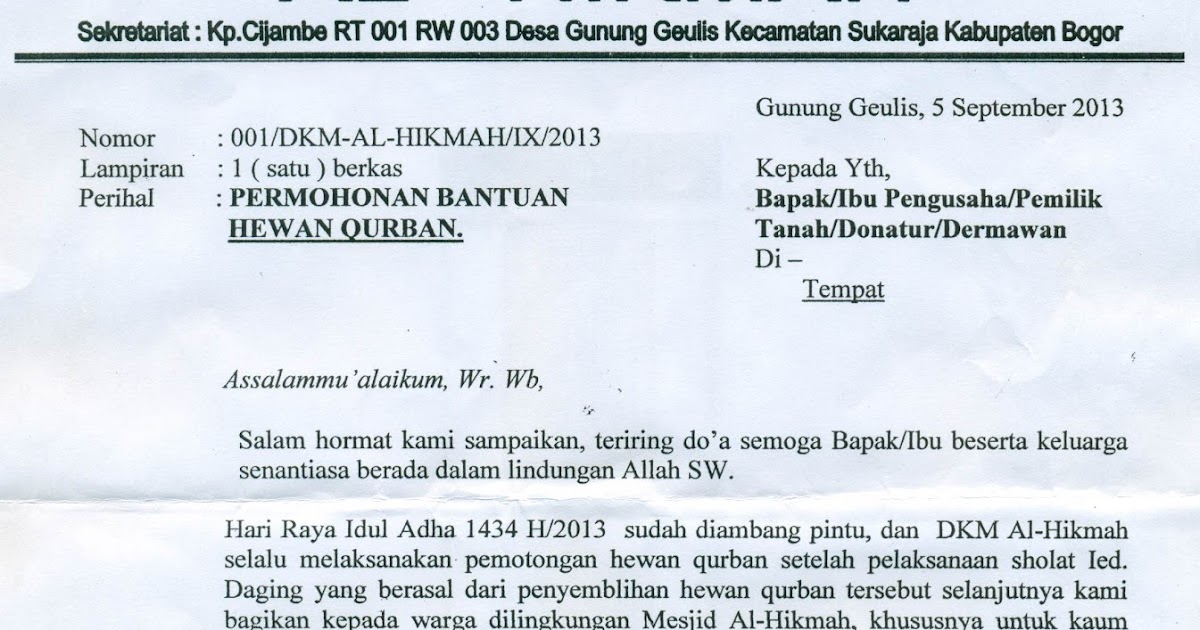 Contoh proposal permohonan daging qurban