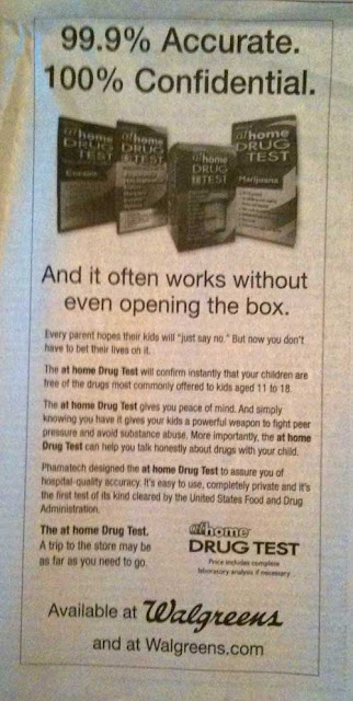 Black and white Walgreen's ad witih headline 99.9% accurate. 100% confidential. Subhead reads And it often works without even opening the box