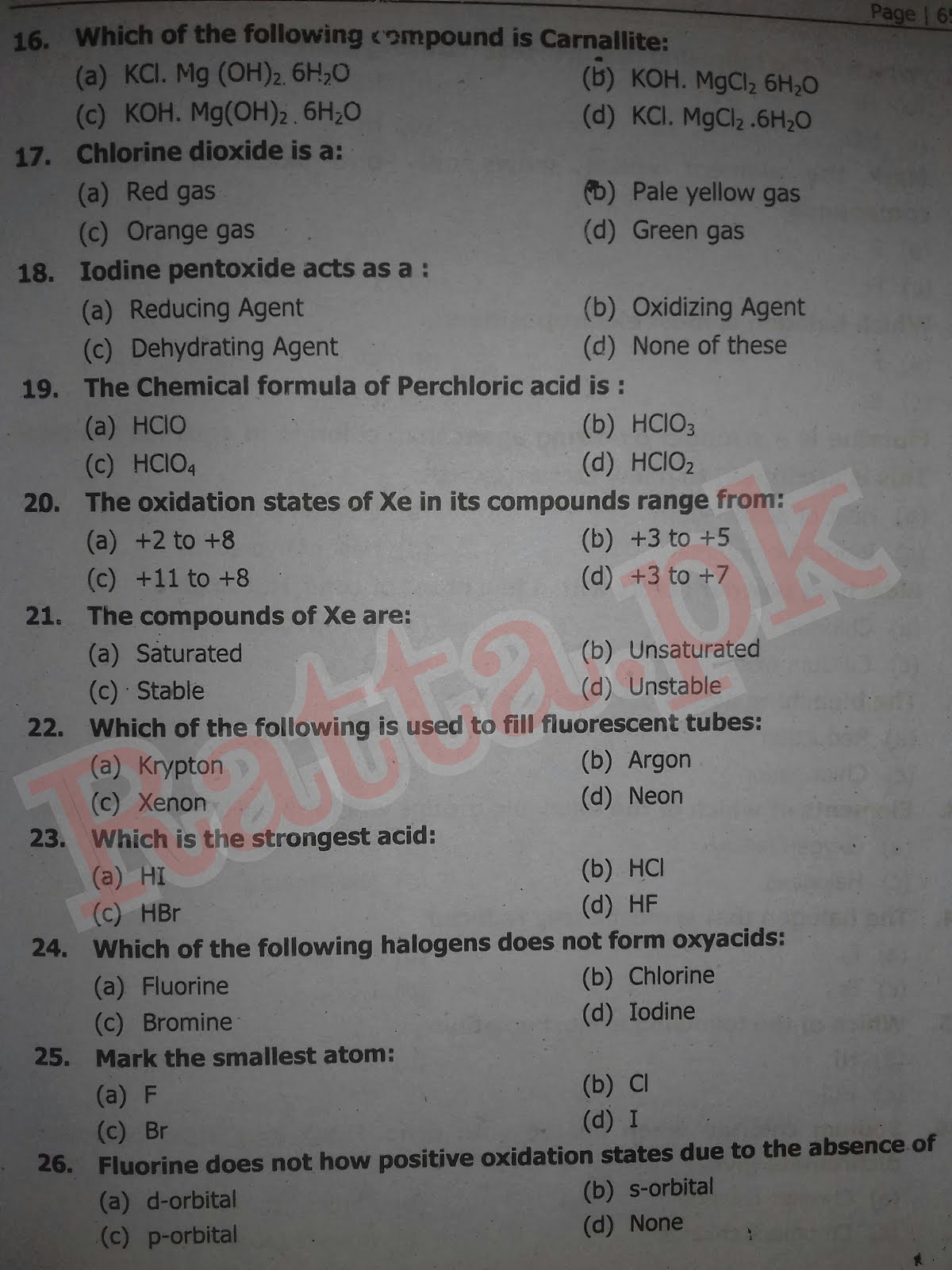  FSc 2nd Year Chemistry Chapter 5 MCQs