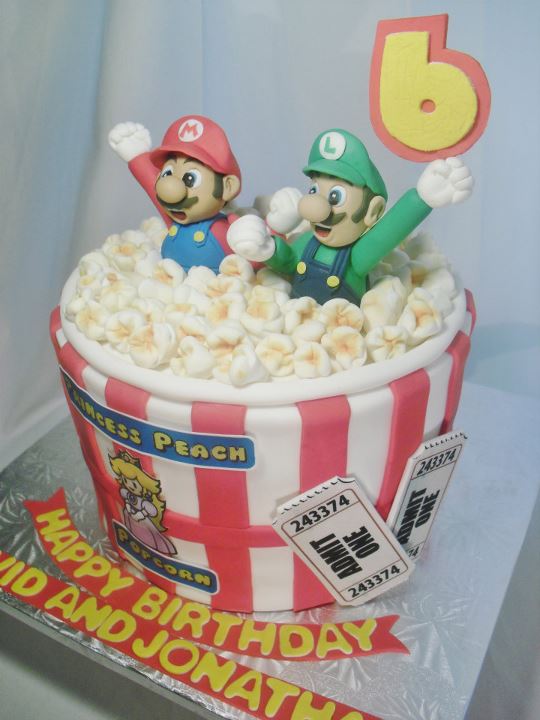 made FRESH daily Super Mario Bros. Popcorn Bucket Birthday Cake!