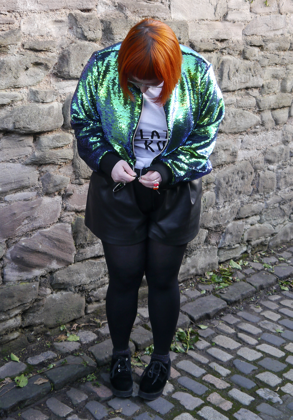 Mermaid Sequins in Isolated Heroes Bomber Jacket Isolated Heroes, Styled by Helen, Dundee designer, Scottish designer, Scottish blogger, Independent designer, street style, sequined outfit, bomber jacket, sequin bomber jacket, mermaid sequins