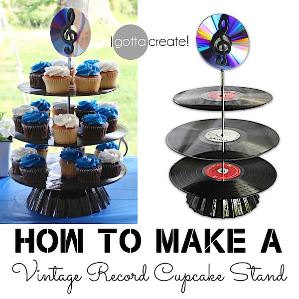 How to make a Vintage #Record #Cupcake Stand! I love this idea for a #wedding or #birthday. | #music theme #tutorial at I Gotta Create!
