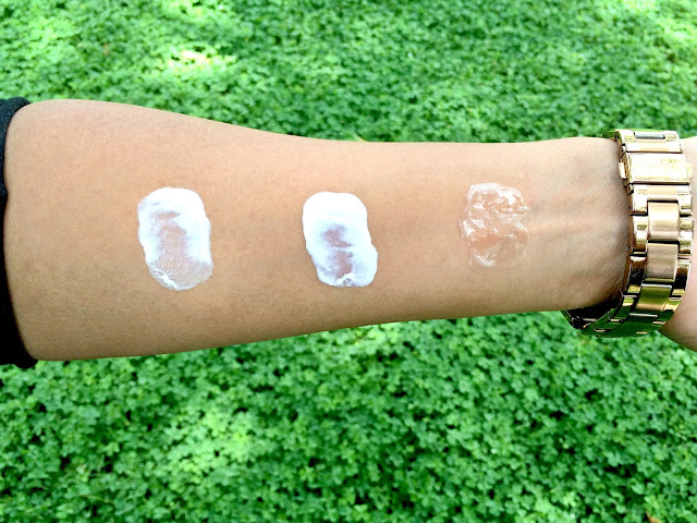 Swatches - From L to R Vichy Ideal Soleil, Bioderma Photoderm and Lotus Herbals UV Matte Gel