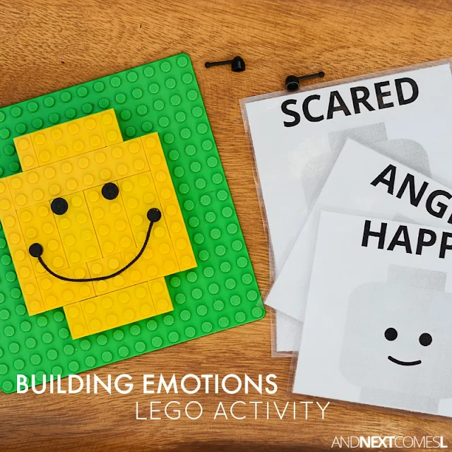 Building emotions LEGO activity for kids - great for developing fine motor skills from And Next Comes L