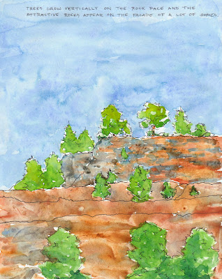 trees clinging to rock face ink and watercolor travel journal drawing