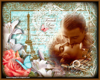 collage vintage con pareja, flores y París al fondo