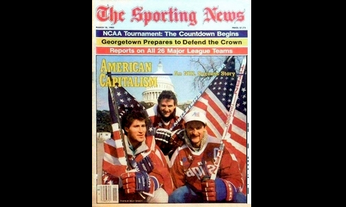 Bobby Carpenter, Christian, and Langway pose at the U.S. Capitol for a 1985 Sporting News cover story.