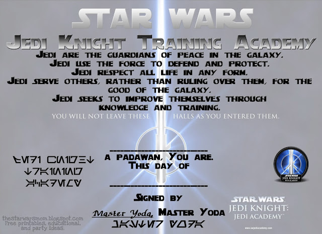 Star Wars Jedi Knight Training Academy Free Padawan Certificate Printable
