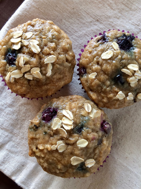 Tops of baked blueberry oatmeal muffins.