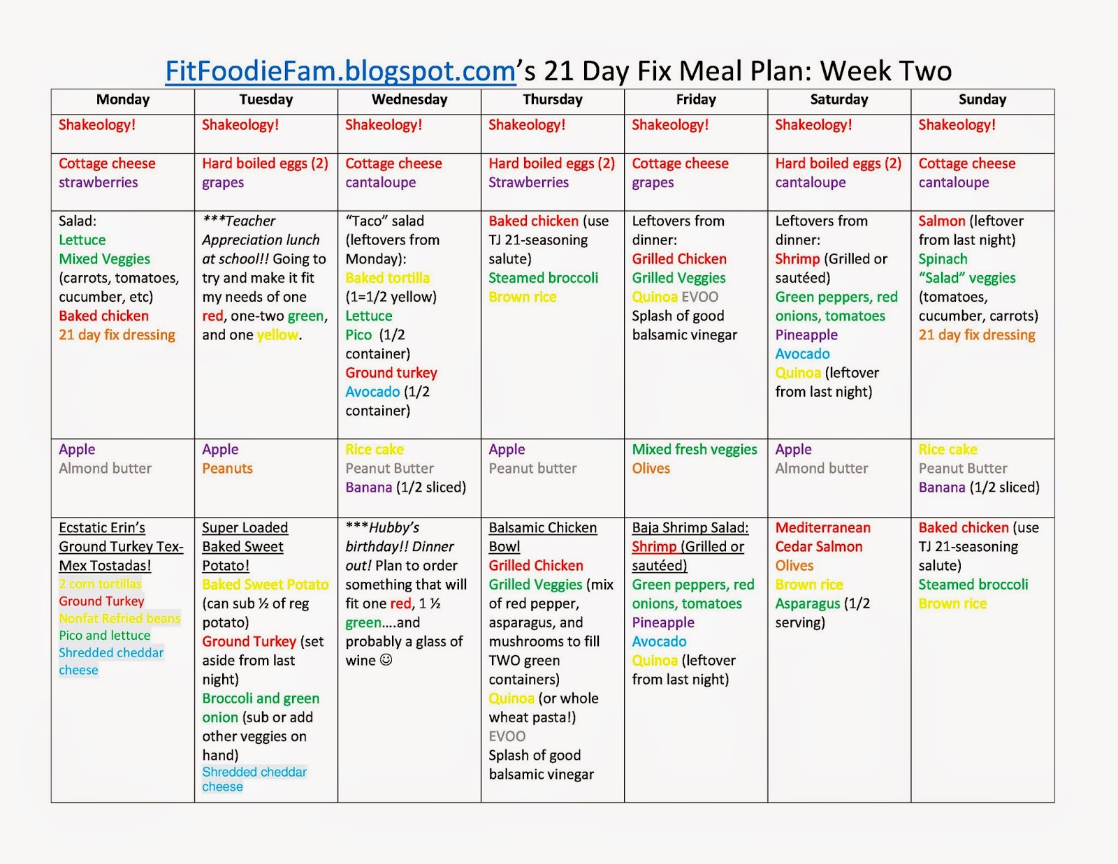 Printable 21 Day Fix Meal Plan