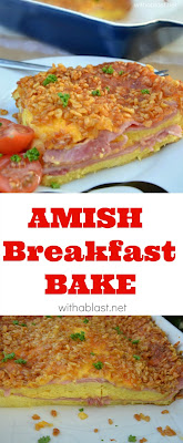 Layers of bread, ham, cheese and an egg mixture results in this fluffy omelette textured layered Amish Breakfast Bake - absolutely scrumptious and I love the quick prepping too - by the time the oven is heated, the dish is also ready to be baked