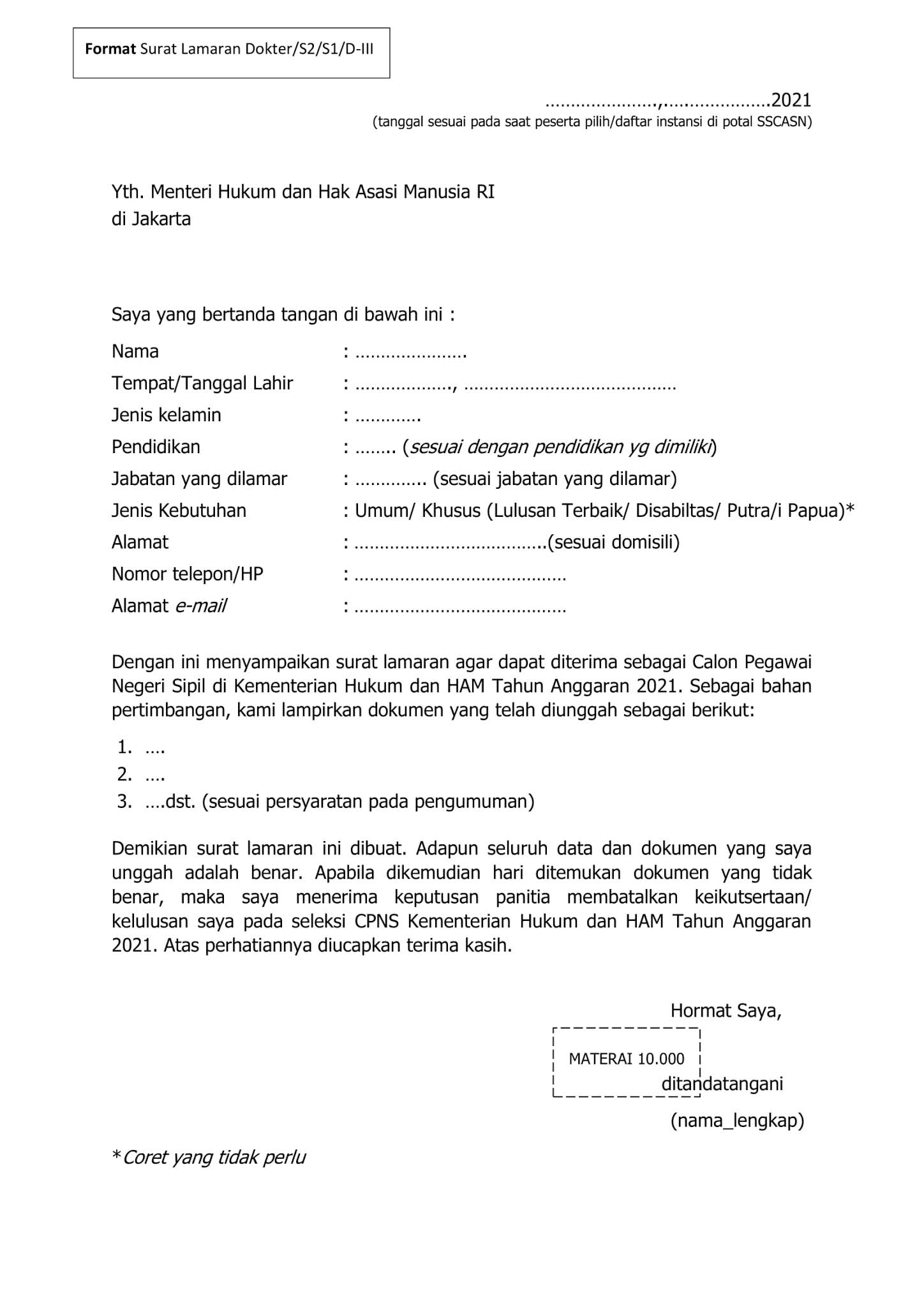 Contoh Surat lamaran CPNS Kementerian Hukum dan Hak Asasi Manusia Tahun