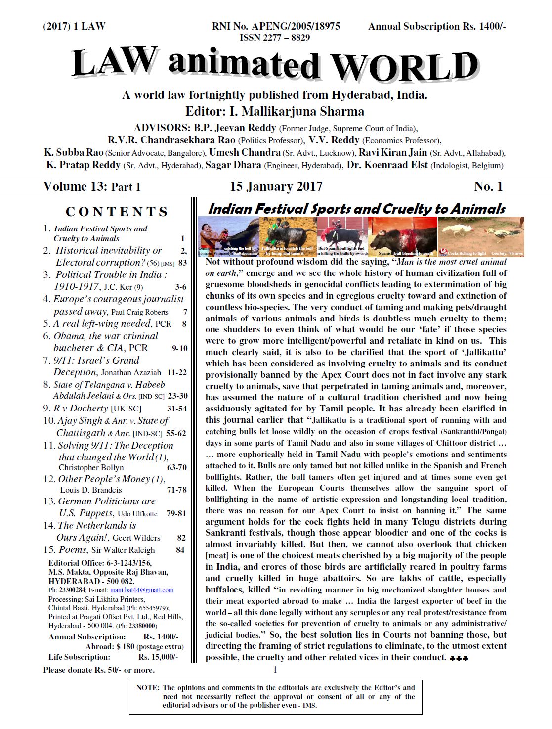 LAW ANIMATED WORLD: Editorial, "INDIAN FESTIVAL SPORTS AND CRUELTY TO
