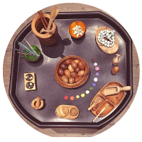 wooden resources tuff tray with wodden disks, acorns, pots, bowls, beads and utensils