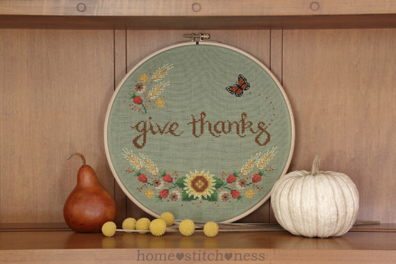 give thanks autumn fall Thanksgiving cross stitch design by homestitchness