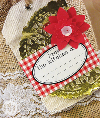 SRM Stickers Blog - Homespun Hostess Gifts by Lesley - #giftbag #christmas #burlapbgag #fancysentiments #stickers #lace  #llabelsbythedozen #golddoilies #gold #doilies #canvas #tags #DIY