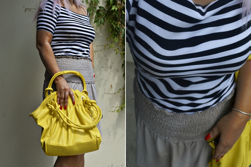 Yellow Bag and striped Shirt - Outfit with High waisted Skater Skirt, striped shirt and leather mules; posted by Annie K, Fashion Blogger, Founder, CEO and writer of ANNIES BEAUTY HOUSE - a german fashion and beauty blog