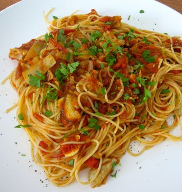 Angel hair pasta with purple cherokee tomatoes, eggplant, and artichoke hearts