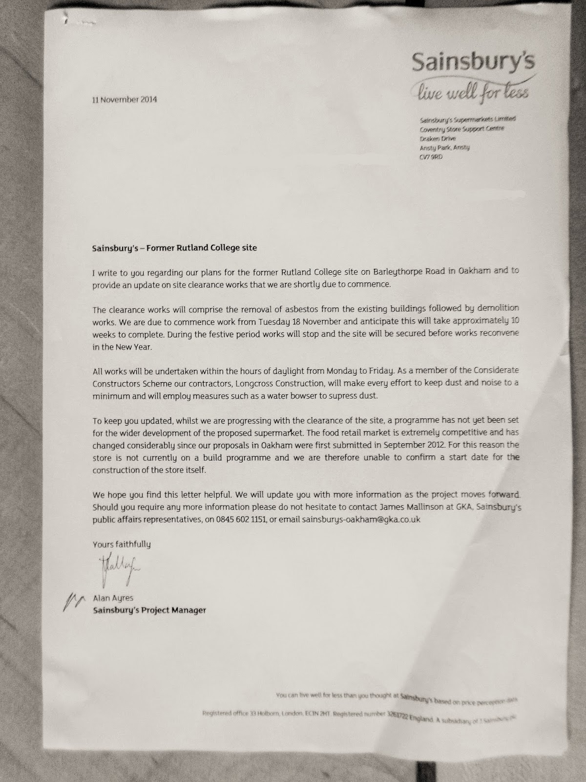 Martin Brookes Oakham Sainsbury's, Oakham, Rutland, Update Letter