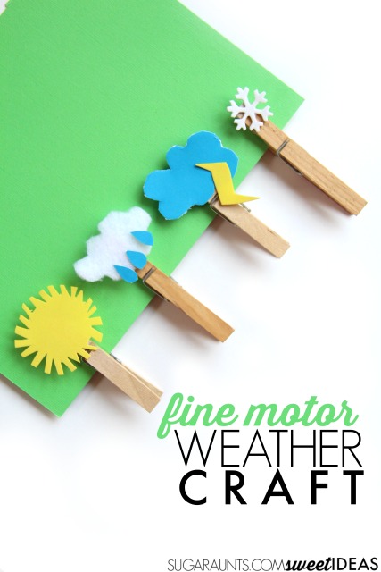 Fine motor weather craft with clothes pins. These are great for a creative writing journal prompt based on weather and a warm up exercise before handwriting.