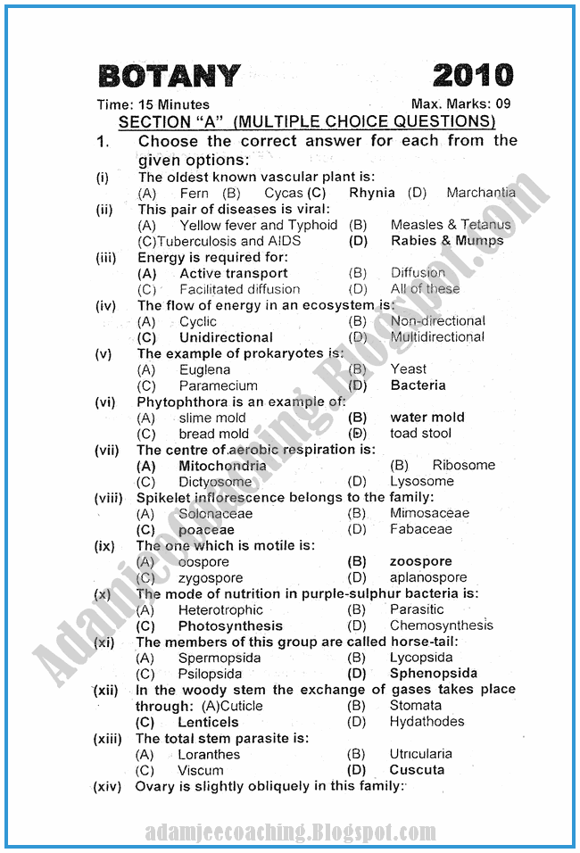 Adamjee Coaching Botany 2010 Past Year Paper Class XI
