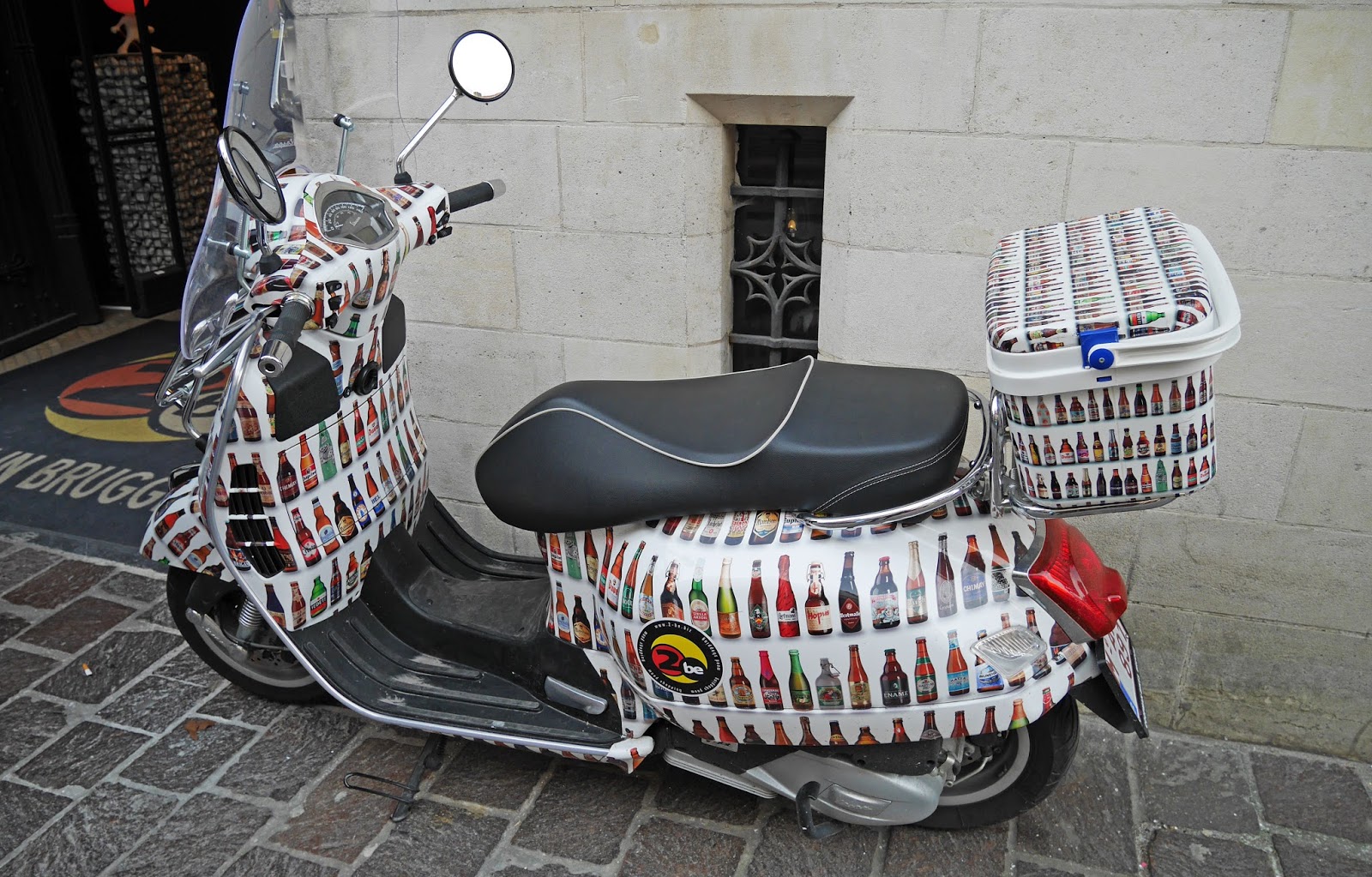 Belgian beer-themed motorbike outside The Beer Wall, Bruges