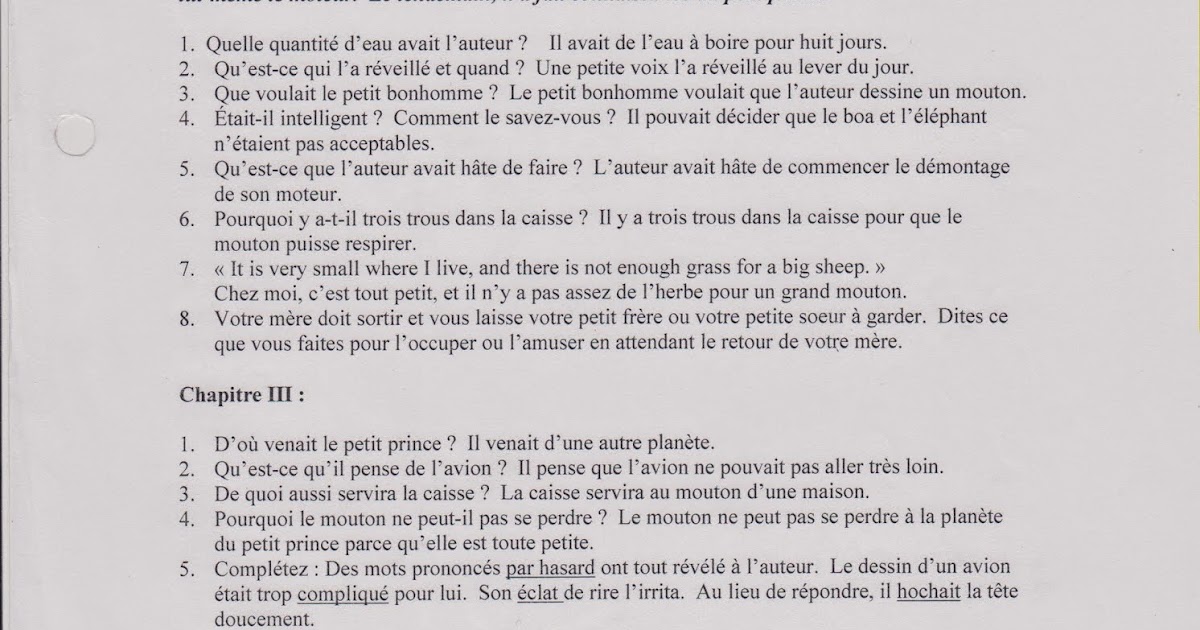 le petit prince questions réponses