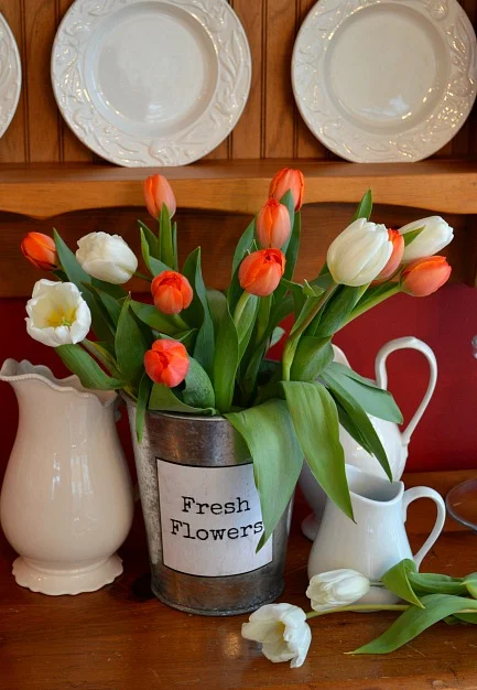 Galvanized Bucket Vase With Tulips