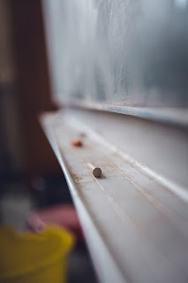 Stock photo of a piece of chalk lying on the shelf below a blackboard.