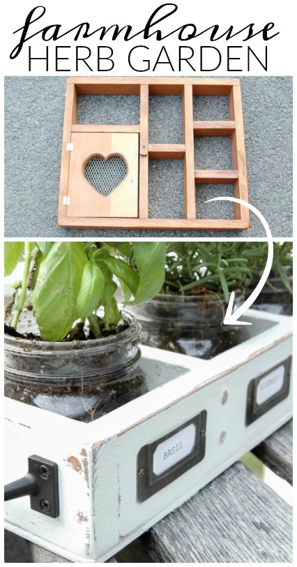 A dated shelf gets turned into a perfectly rustic farmhouse herb garden. www.littlehouseoffour.com